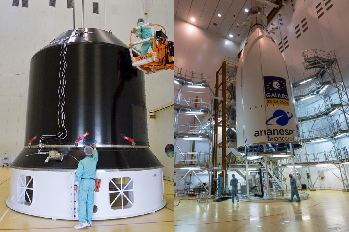 La structure porteuse Sylda pour les lancements doubles, la coiffe d’Ariane 5 ES dans le bâtiment d’assemblage final La structure porteuse Sylda pour les lancements doubles, la coiffe d’Ariane 5 ES dans le bâtiment d’assemblage final