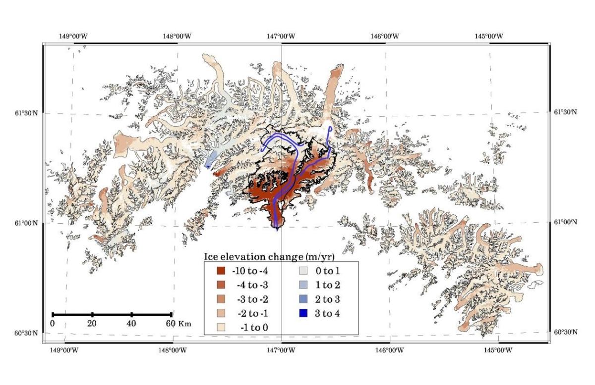 Carte de l'évolution de l'altitude de la surface dans les montagnes occidentales de Chugach Carte de l'évolution de l'altitude de la surface dans les montagnes occidentales de Chugach