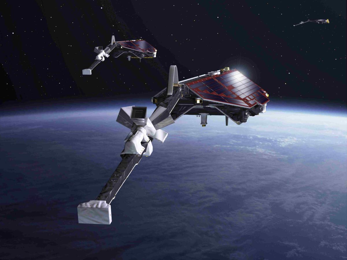 Vue d’artiste de la constellation formée par les 3 satellites de la mission SWARM Vue d’artiste de la constellation formée par les 3 satellites de la mission SWARM