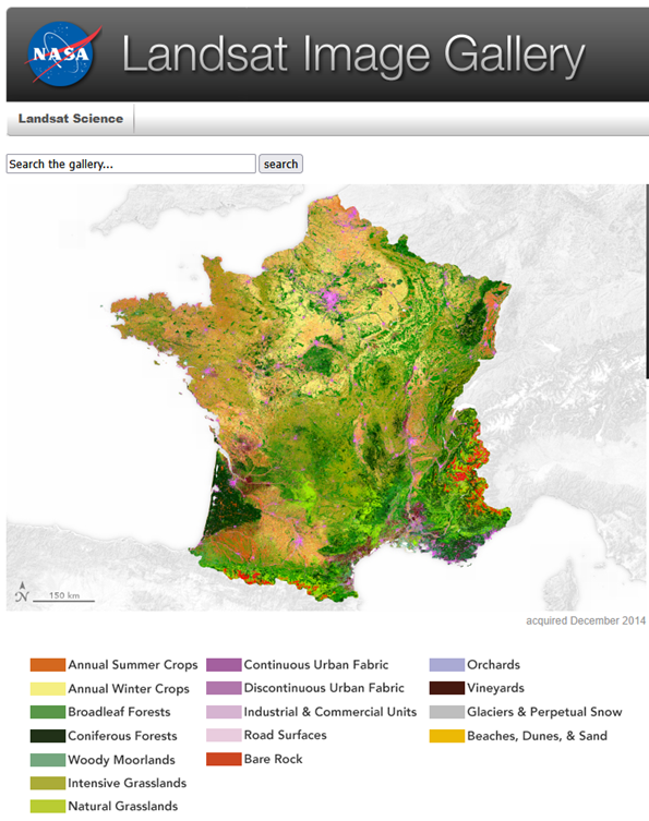 Carte d'occupation des sols sur la France réalisée avec un an de données LANDSAT, Chaque couleur correspond à un type d'occupation des sols différent.