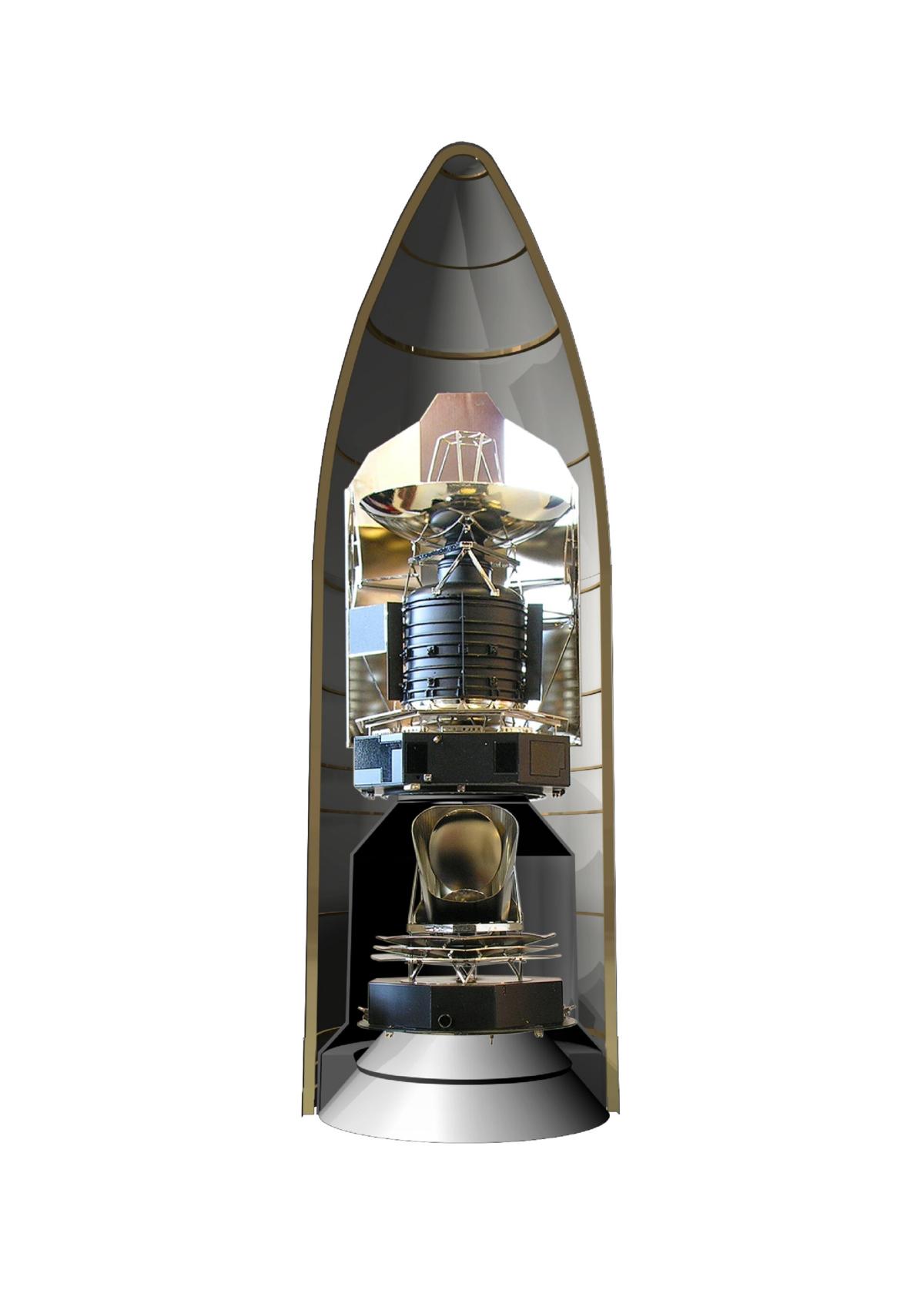 Schéma en 3D montrant la configuration à l’intérieur du lanceur Ariane-5 du vol 188 Schéma en 3D montrant la configuration à l’intérieur du lanceur Ariane-5 du vol 188