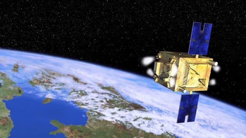 Vue d’artiste du satellite Microscope en orbite avec ses micropropulseurs allumés Vue d’artiste du satellite Microscope en orbite avec ses micropropulseurs allumés