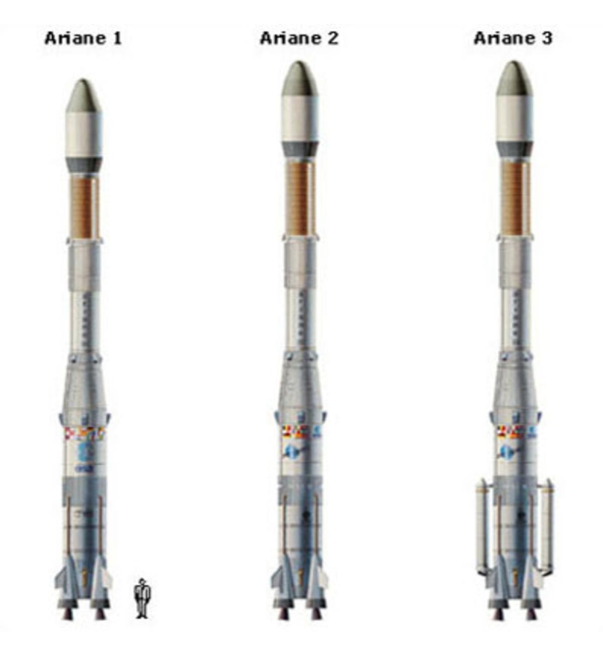 Vue modélisée des lanceurs Ariane 1, Ariane 2 et Ariane 3