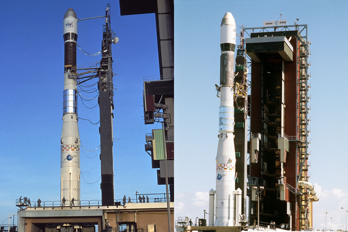 Ariane 2 (à gauche) et Ariane 3 (à droite) sur leur pas de tir