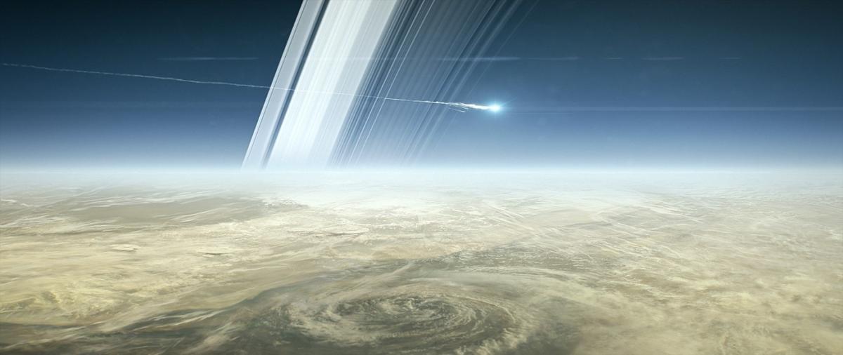 Vue d’artiste de la rentrée atmosphérique programmée de Cassini sur Saturne ayant causé sa destruction