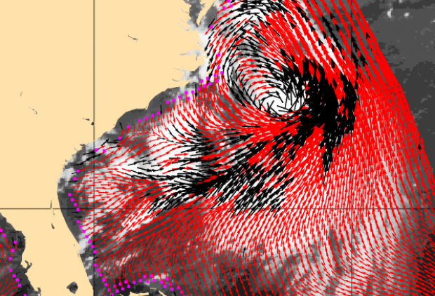 Carte des directions et vitesses des vents de surface au large de la côte sud-ouest des États-Unis lors du passage de l’ouragan