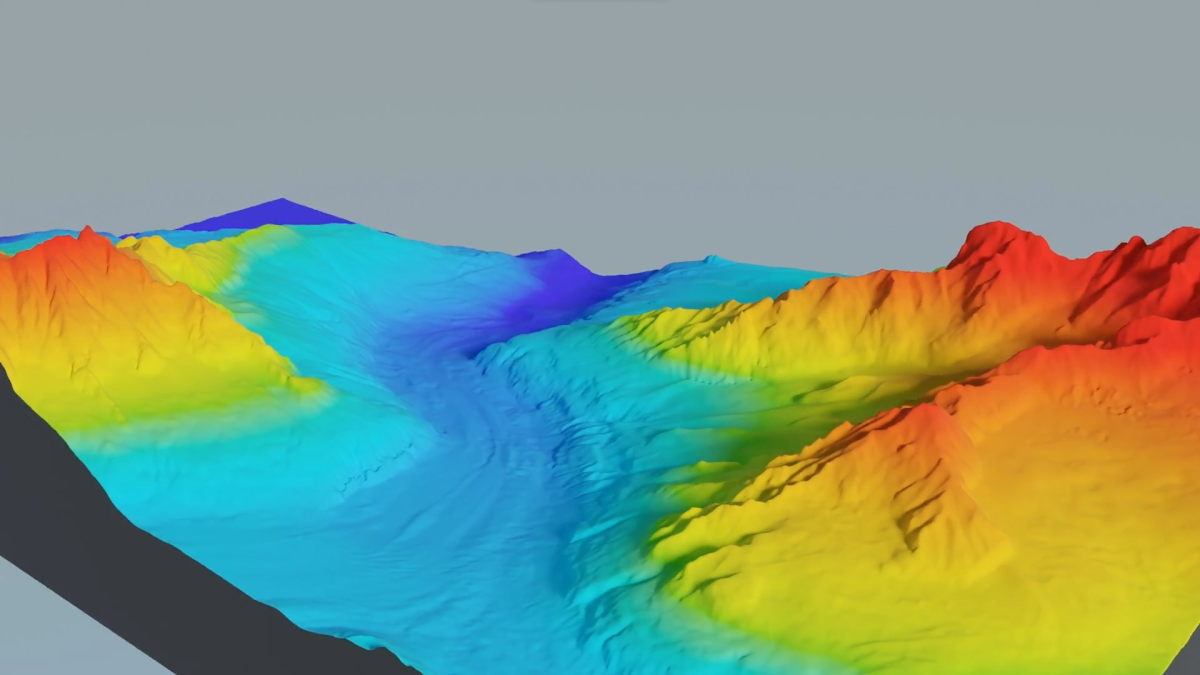 Modèle numérique de surface de la partie basse de la Mer de Glace, un glacier situé dans le massif du Mont-Blanc.