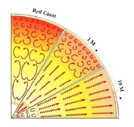 Schéma des différentes structures internes des étoiles selon leur masse et stade d’évolution