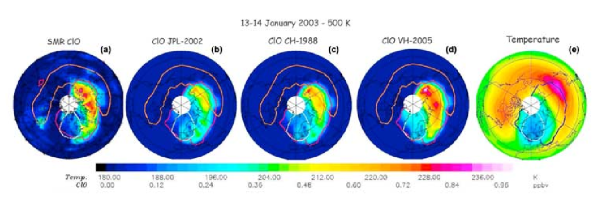 Cartographie nocturne du monoxyde de chlore (ClO) dans le vortex arctique par Odin entre les 13 et 14 janvier 2003