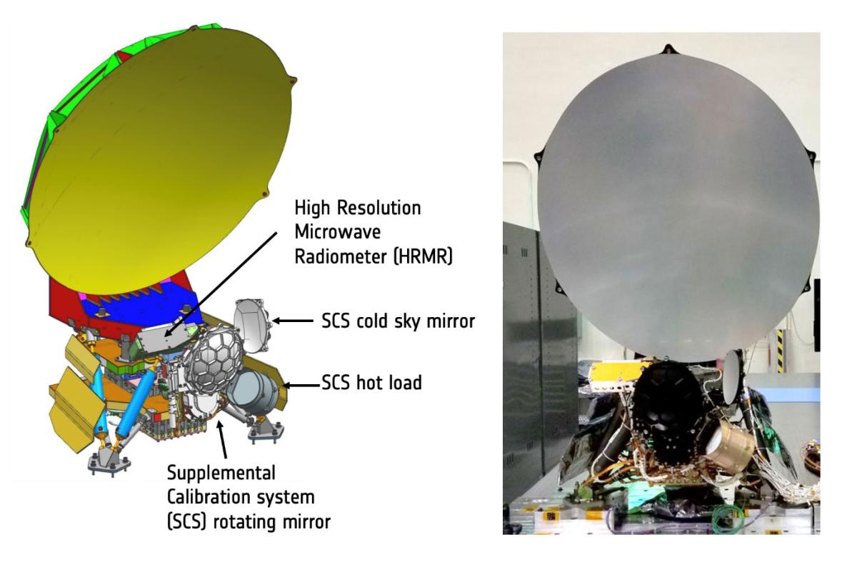 À gauche : modèle 3D du radiomètre AMR-C, à droite : photographie de l’instrument en cours d’intégration