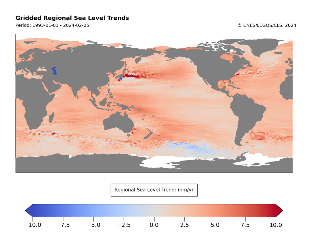 Tendance régionale du niveau de la mer pour la période de 1993 à aujourd'hui