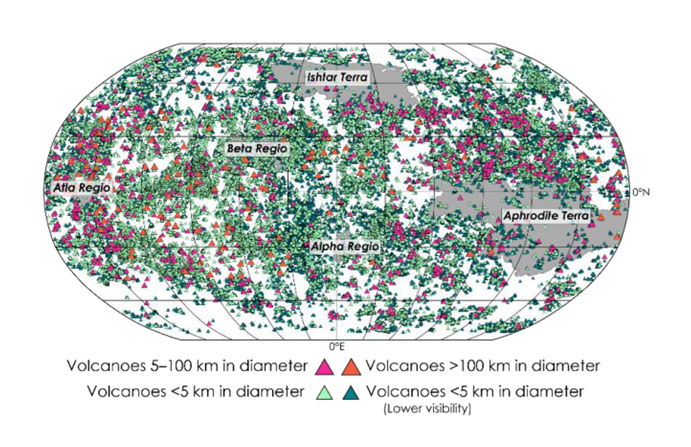 Carte montrant la localisation de ~85 000 volcans à la surface de Vénus