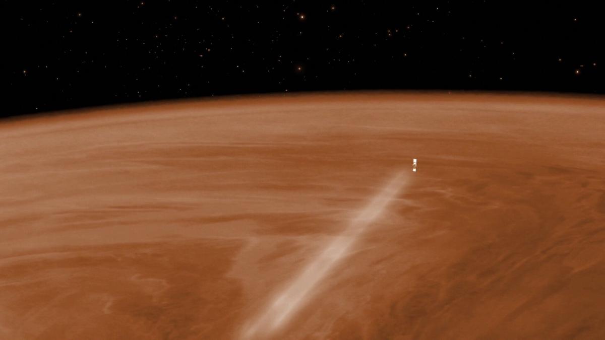 Vue d’artiste de la sonde Venus Express en cours d’aérofreinage dans l’atmosphère vénusienne