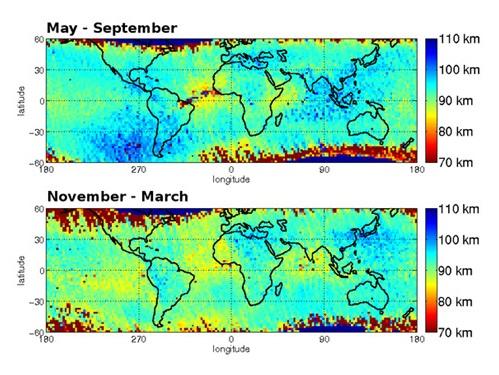 Cartes globales de variation saisonnière de la hauteur de l'ionosphère