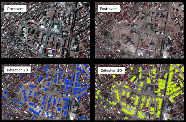 Différence entre la détection de changement en 2D et 3D après le tremblement de terre à Kahramanmaraş en février 2023