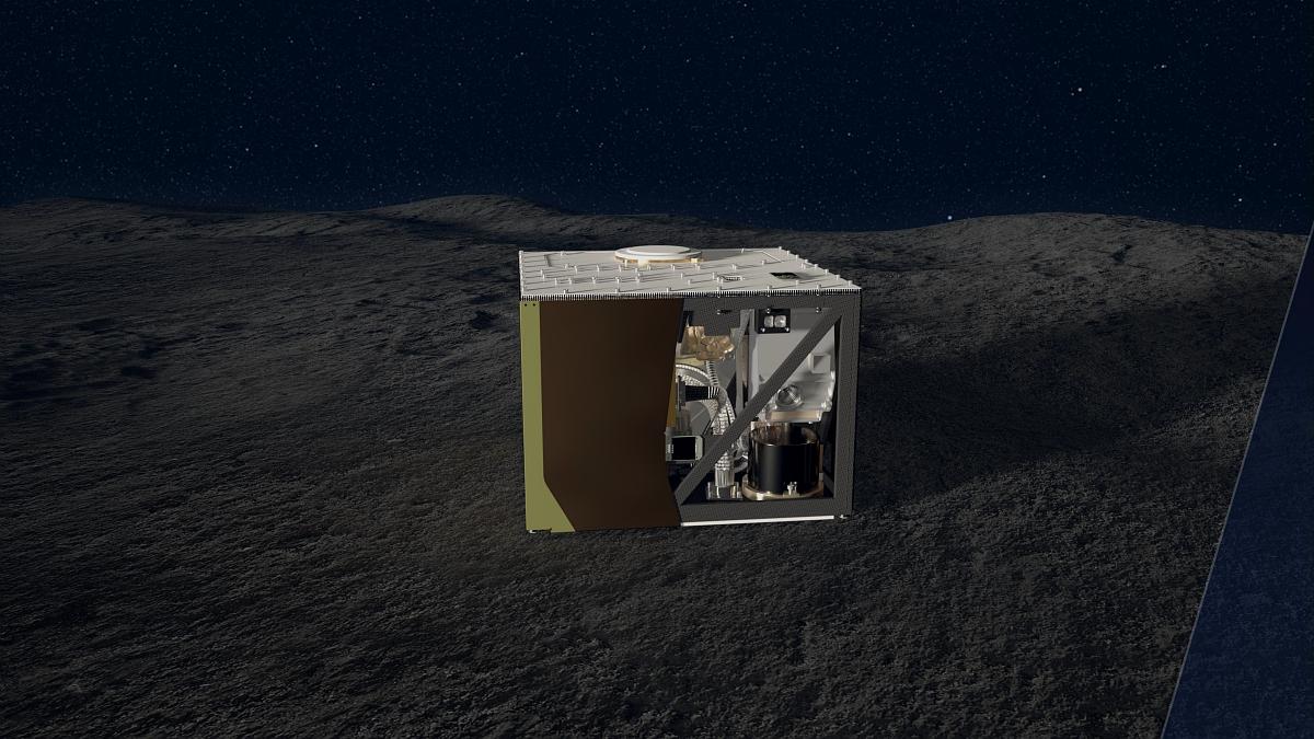 Vue d’artiste de MASCOT posé sur l'astéroïde Ryugu