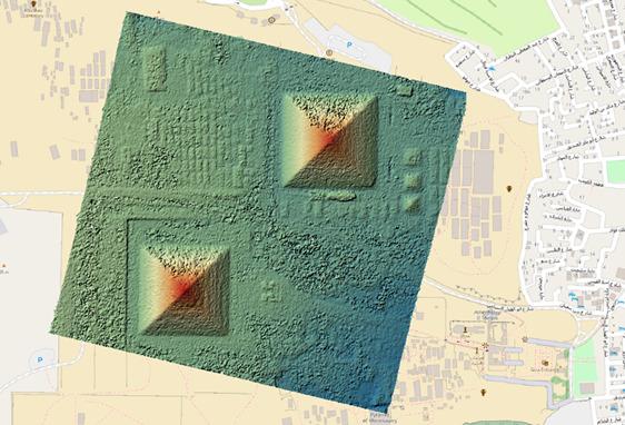 MNS final obtenu sur la zone des pyramides avec en bleu clair les zones d'altitude faible et en rouge les zones d'altitude élevée