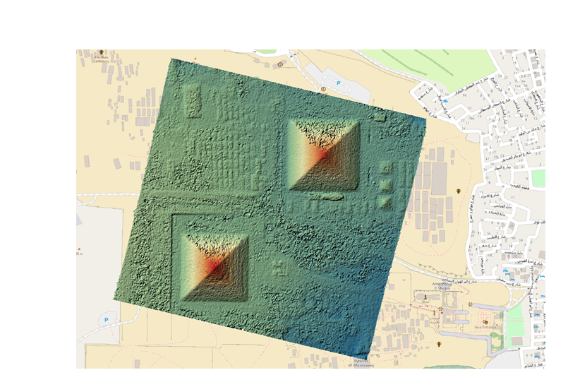 MNS final obtenu sur la zone des pyramides avec en bleu clair les zones d'altitude faible et en rouge les zones d'altitude élevée