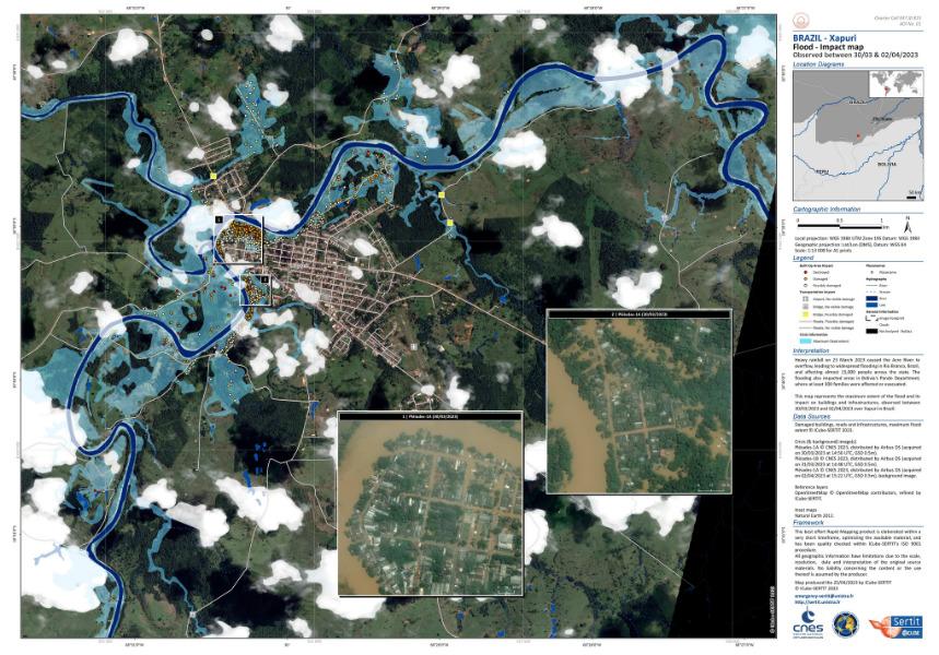 À partir des images Pléiades, le SERTIT réalise en urgence des cartes utiles aux secours sur le terrain