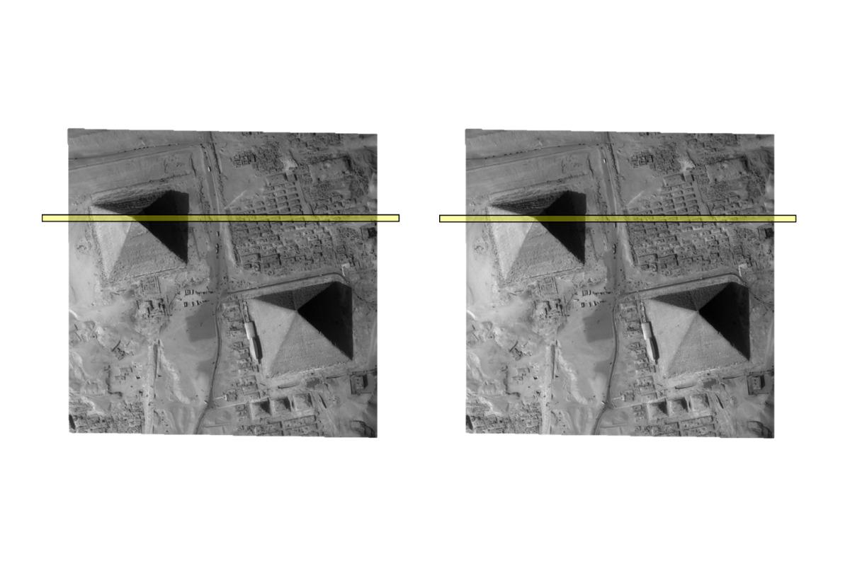 Deux vues des pyramides de Gizeh sous deux angles différents en géométrie épipolaire