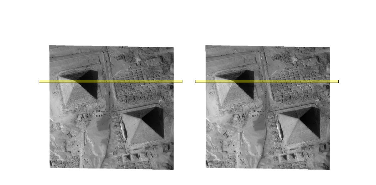 Deux vues des pyramides de Gizeh sous deux angles différents en géométrie épipolaire