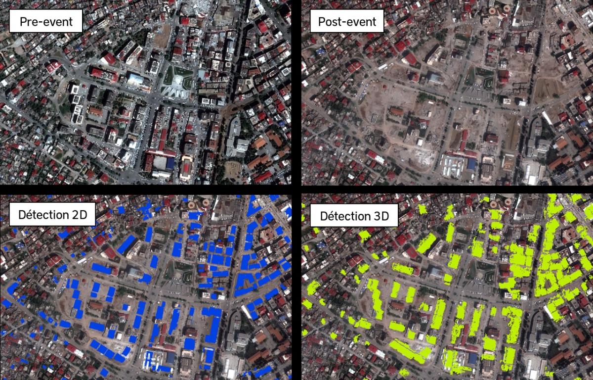 Différence entre la détection de changement en 2D et 3D après le tremblement de terre à Kahramanmaraş en février 2023
