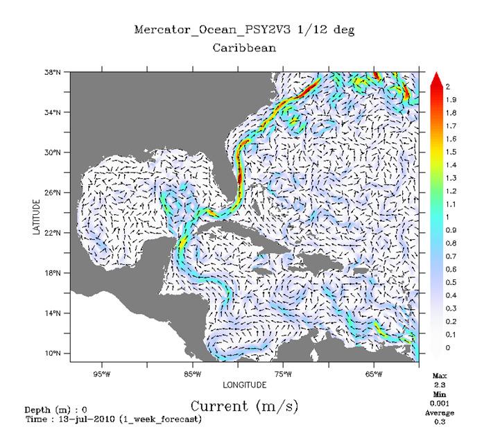 Prévision de courant de surface en mer des Antilles et Golfe du Mexique pour la journée du 13 juillet 2010