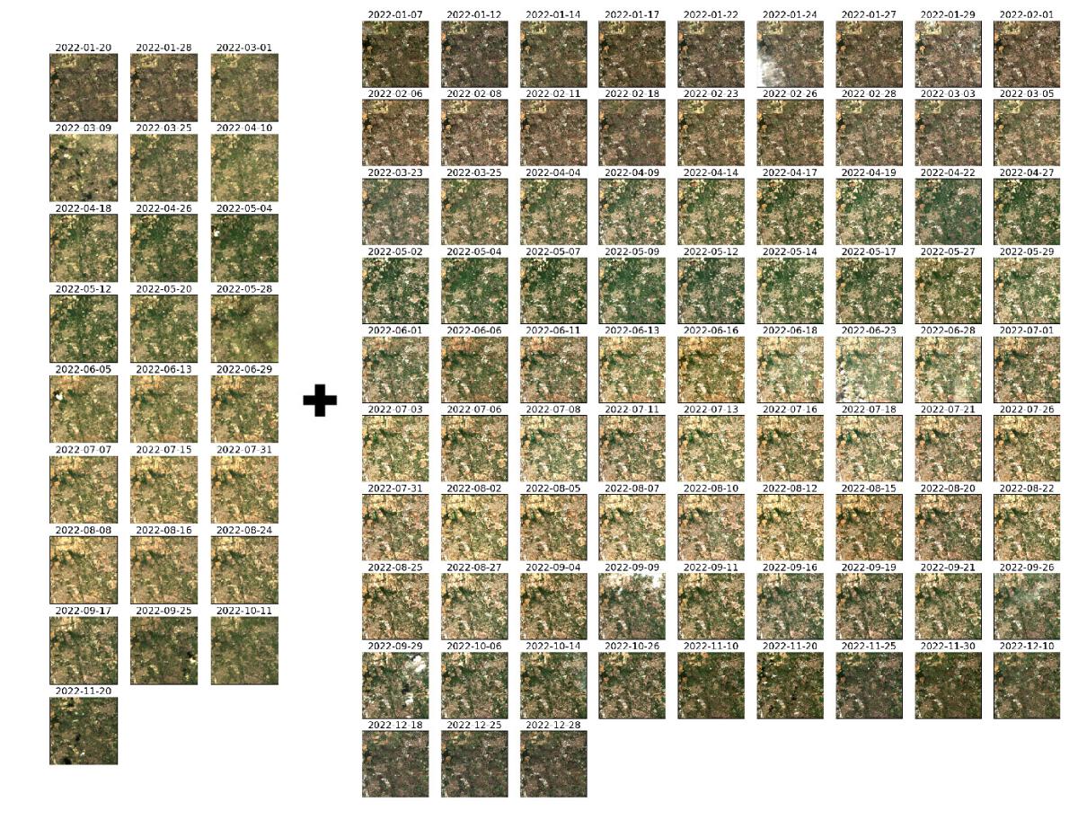 Thumbnails of Landsat and Sentinel-2 images obtained during a whole year (25 thumbnails for Landsat on the left and 40 on the right for Sentinel-2). The fully cloudy images are not displayed. 