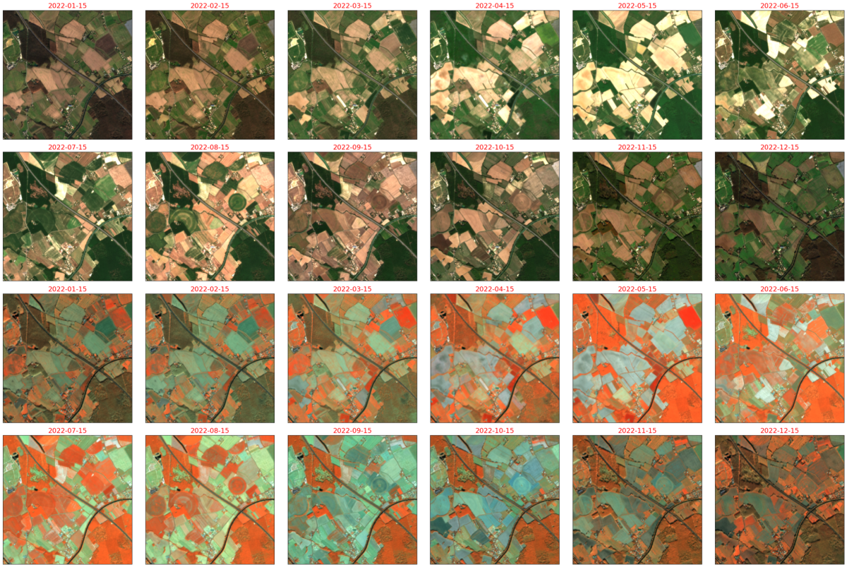 séries de vignettes en sortie prédites pour le 15 de chaque mois. En haut pour les bandes bleu vert rouge, et en bas pour les bandes proche et moyen infra-rouge.