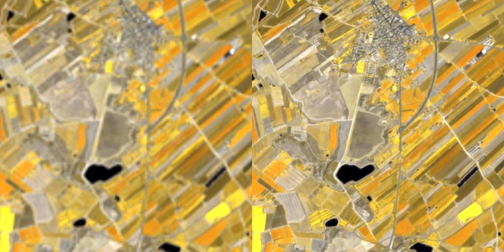 À gauche : Image d’origine Sentinel-2 (résolution 20m); à droite : Image Sentinel-2 améliorée (résolution 5 m)
