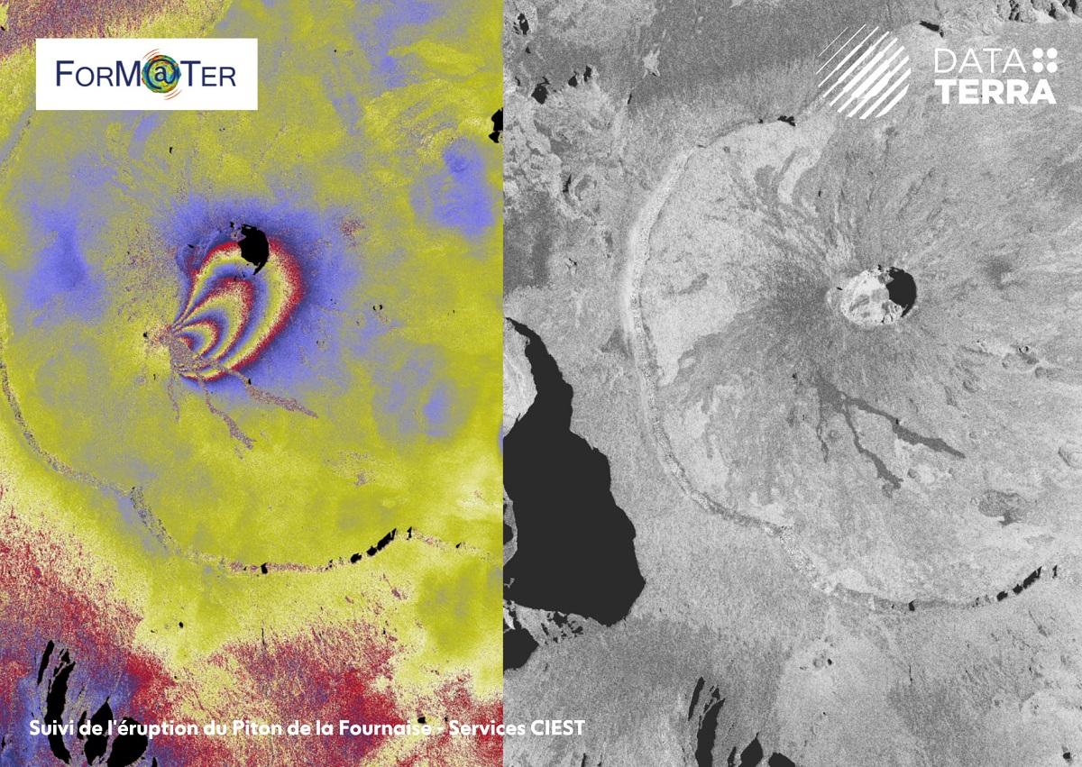 L’image de gauche (interférogramme) montre les déplacements produits par l’éruption du Piton de La Fournaise, sur l'île de la Réunion en 2022. 