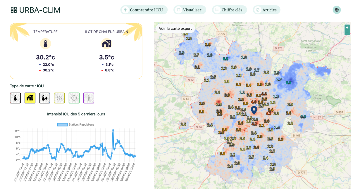 Page d’accueil de l’outil Urba-Clim permettant la visualisation de la température, de l’humidité ou encore de l’indice d’îlot de chaleur urbain. 