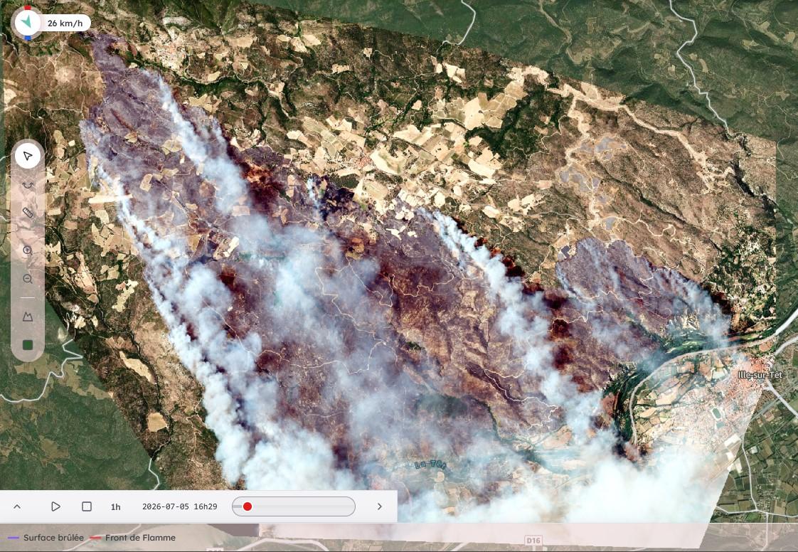 Incendie de Trévillach observé le 5 juillet 2026 à 16h29 par le satellite Legion-4. Image programmée et exploitée en urgence par le service FireWatch.
