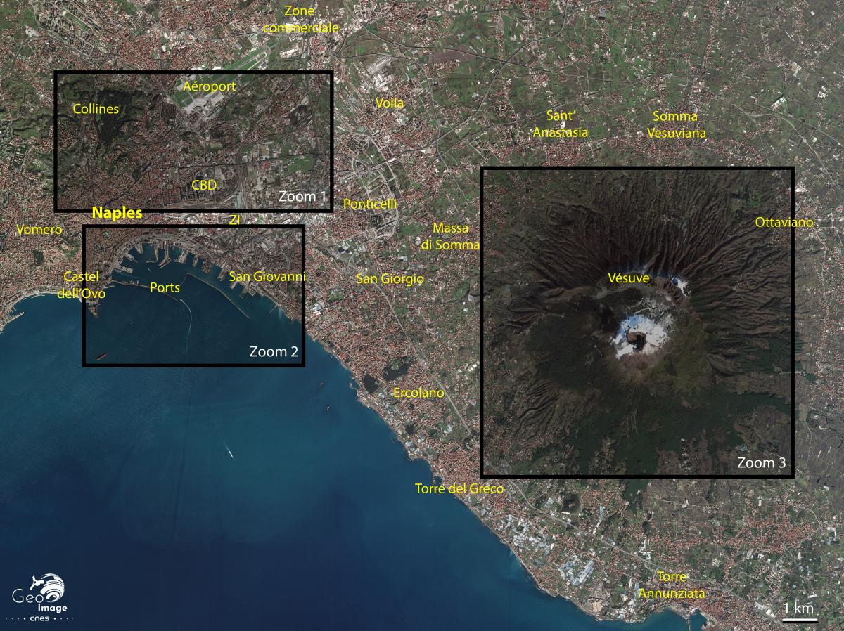 Image satellite de Naples, ville du sud de l'Italie au peid du Vésuve