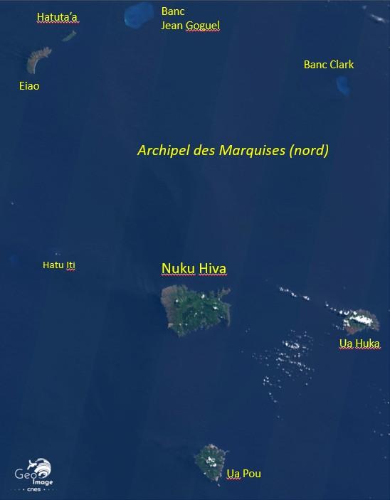 Image satellite vue générale sur la partie Nord de l'archipel des Marquises en Polynésie française 