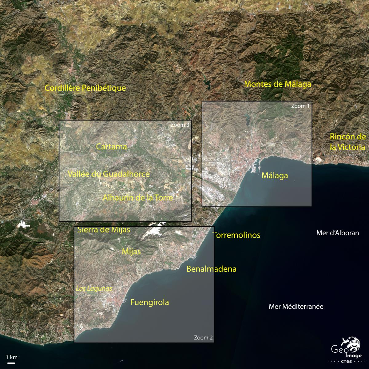 Image satellite de l’aire urbaine de Málaga, capitale de la Costa del Sol