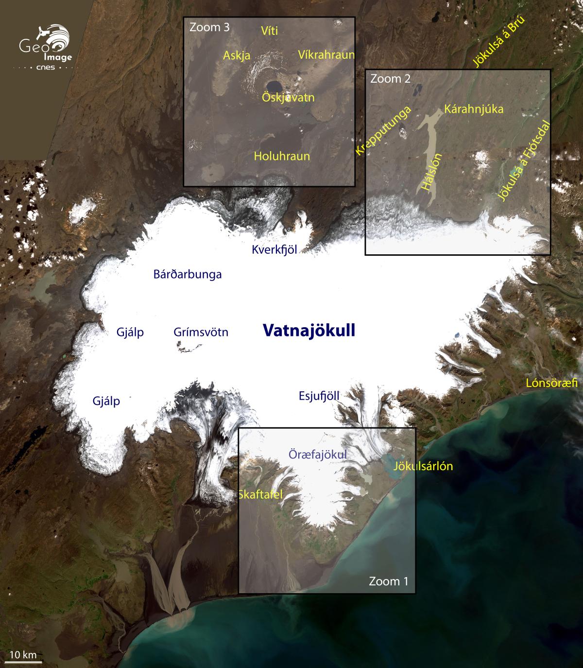 image satellite de la plus grande calotte glaciaire d'Islande