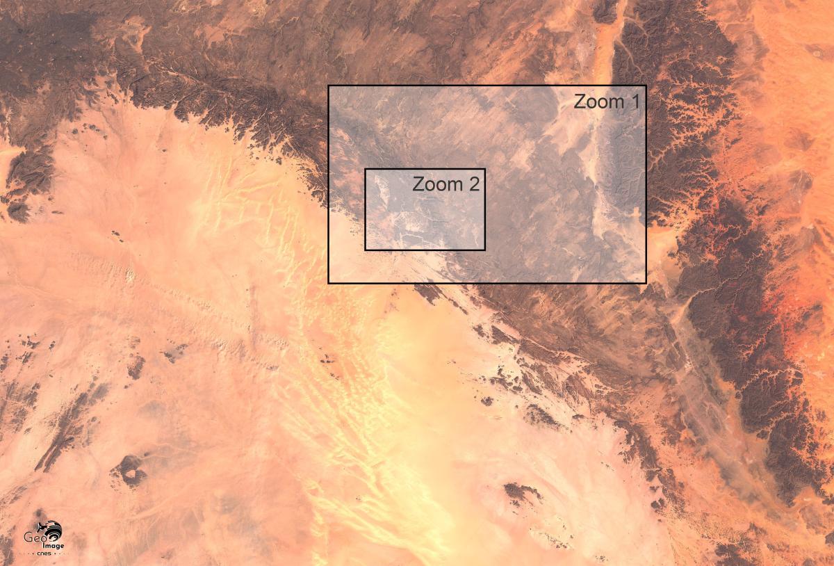 Image satellite du sud-est du Sahara algérien, à la frontière avec la Libye