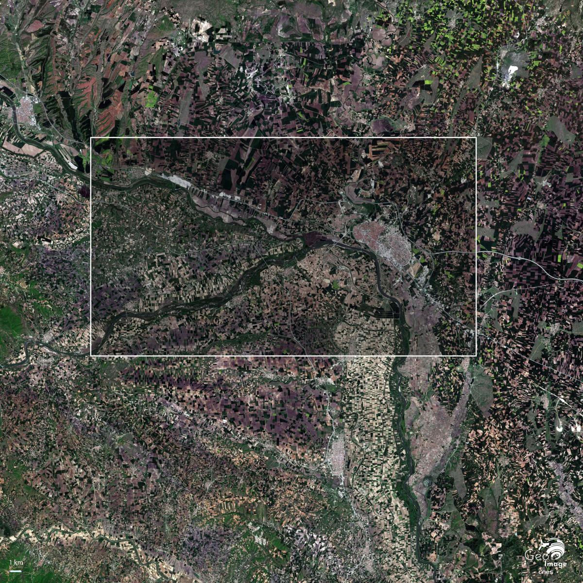 Image satellite de la vallée de l'Evros, à la frontière de la Grèce et de la Turquie