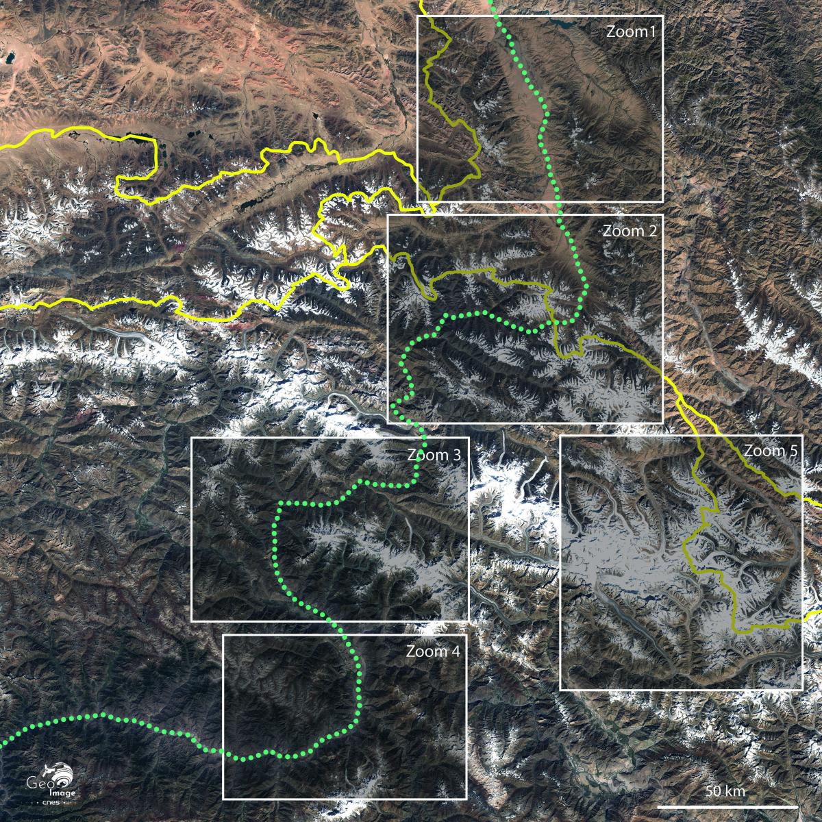 Image satellite de la Karakoram Highwaya, au coeur de l'Himalaya