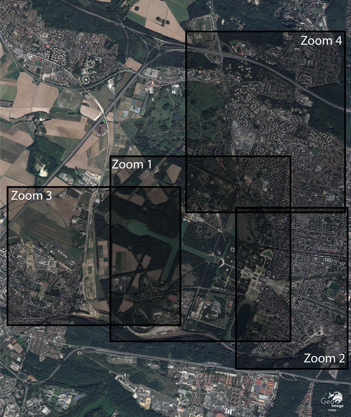 Image satellite du château et la commune de Versailles
