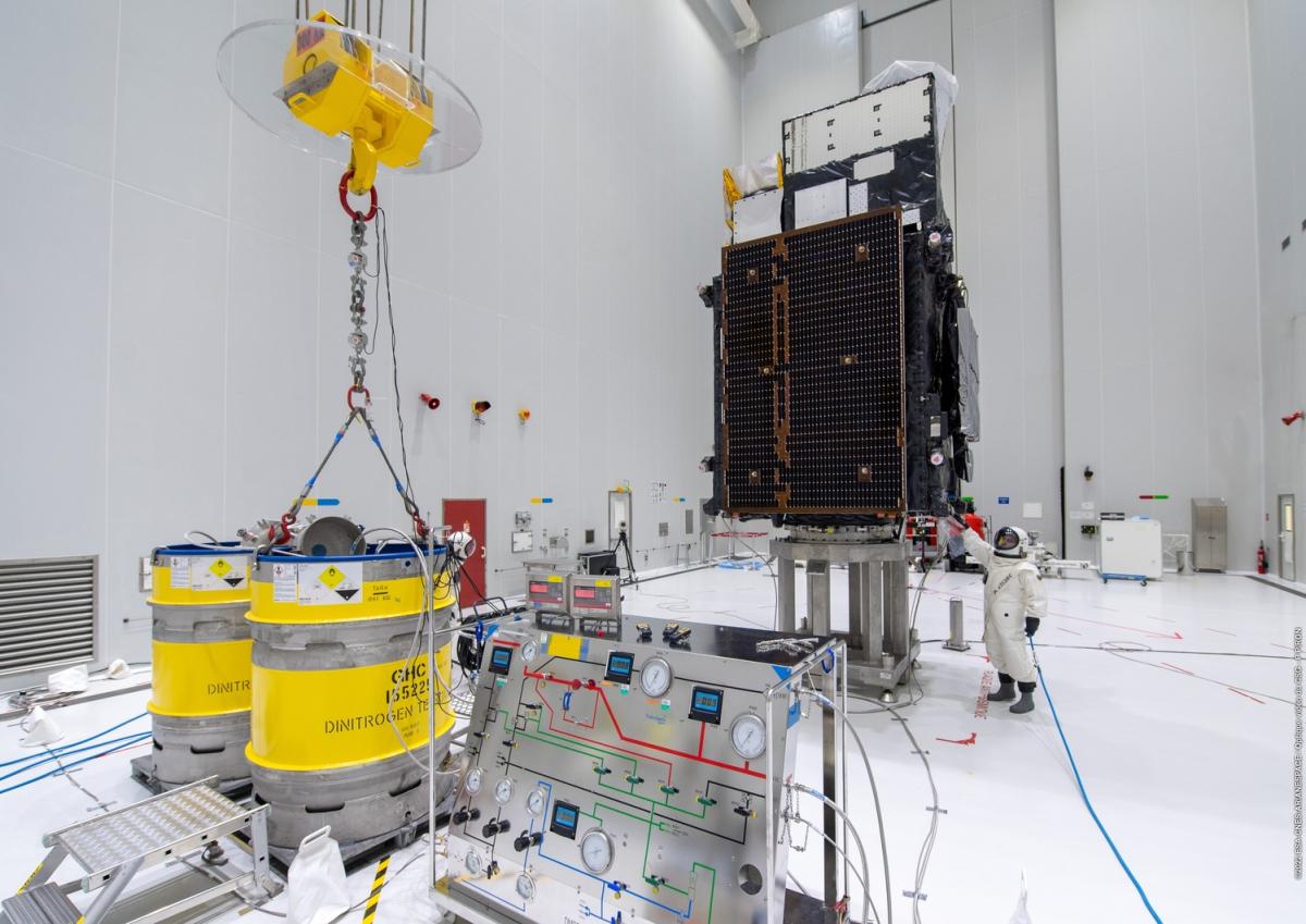 Le satellite MTG-I1 est rempli avant son lancement : on observe les 2 fûts d’ergols (en jaune), le kart utilisé pour réaliser l’opération de remplissage (au premier plan) et l’ergolier reliant le satellite et le kart à l’aide d’un tuyau flexible (en arrière-plan) Le satellite MTG-I1 est rempli avant son lancement : on observe les 2 fûts d’ergols (en jaune), le kart utilisé pour réaliser l’opération de remplissage (au premier plan) et l’ergolier reliant le satellite et le kart à l’aide d’un tuyau flexible (en arrière-plan)