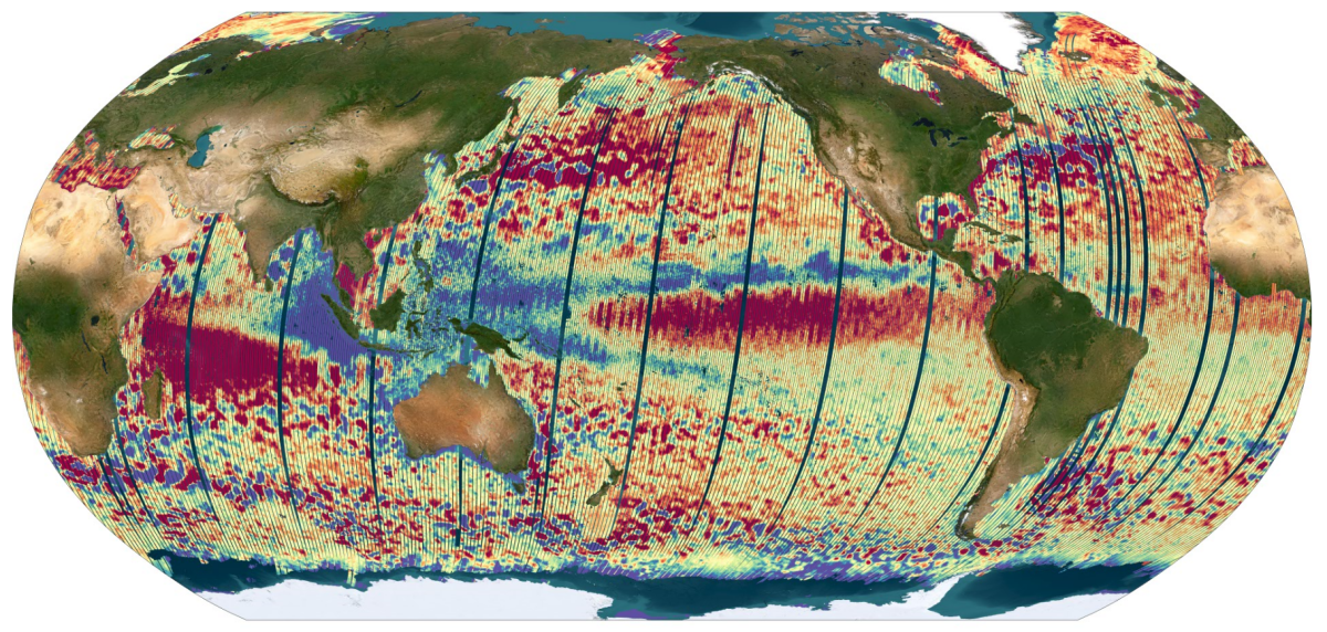 Vue spatiale du niveau global des océans à partir des données SWOT Vue spatiale du niveau global des océans à partir des données SWOT