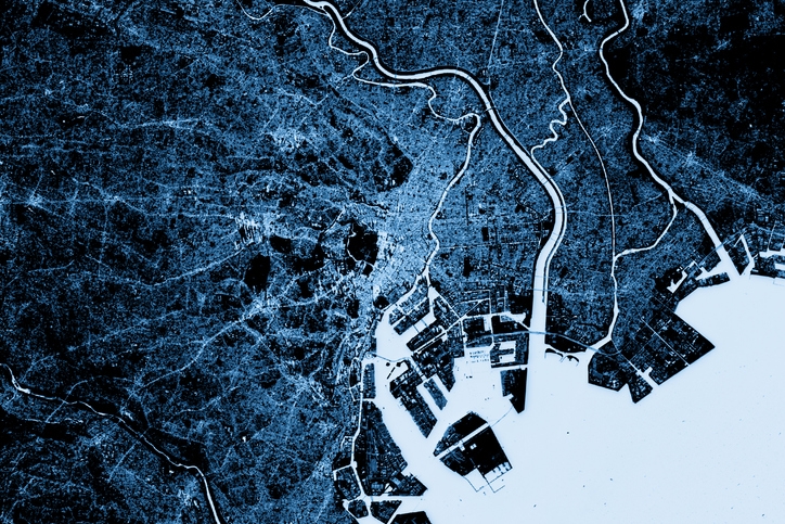 Blue toned Satellite Image of Tokyo, Japan. Copernicus Sentinel data (December 09, 2016).