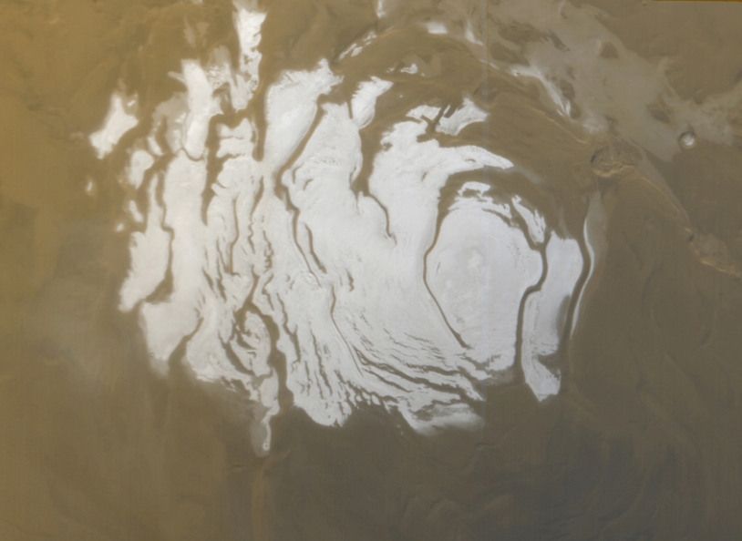 La calotte polaire sud vue par la sonde Mars Global Surveyor. Crédits : NASA/JPL/MSSS