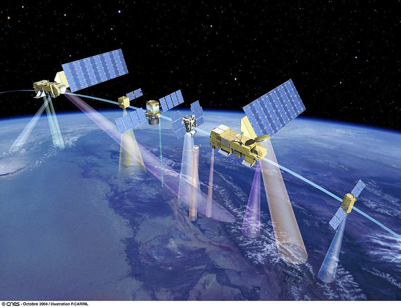 The 6 satellites of the A-train. From left to right : Aura, Parasol, Calipso, Cloudsat, Aqua, OCO. Crédits : NASA