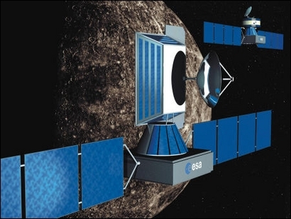 Artist’s impression of Bepi-Colombo. Foreground, Mercury Planetary Orbiter (MPO). Background, Mercury Magnetospheric Orbiter (MMO). Credits: ESA 2001, Illustration by Medialab