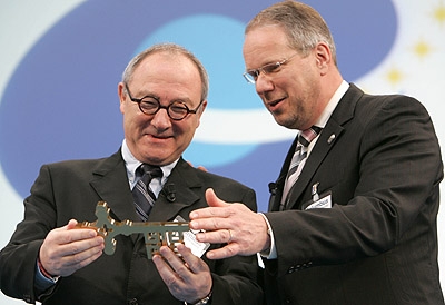 The key to Columbus being given to J-J.Dordain, director general of Esa. Credits: EADS ST