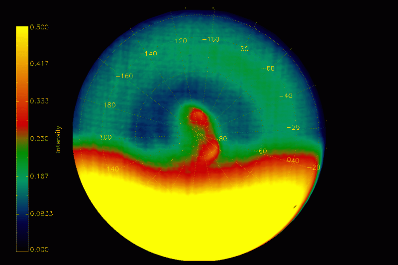 Animation constituée de 6 séquences obtenues par Virtis dans l&#039;ultra-violet, visible et proche infrarouge. On distingue l&#039;évolution du double vortex polaire au pôle sud de la planète. Credits: ESA/VIRTIS/INAF-IASF/Obs. de Paris-LESIA