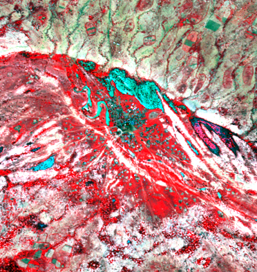 Image SPOT 5 multispectrale à haute résolution spatiale des mares dans la région sahélienne du Ferlo. La végétation (en rouge) est facilement distinguable des zones humides (bleu sombre à cyan). CNES 2003, Distribution Spot Image SA.